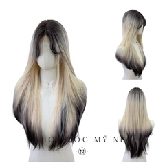 Tóc Giả Mỹ Nhi Thẳng Layer Hai Mái Màu Tóc Vàng Bạch Kim Nhuộm Ombre Loang Màu t-dk1-0309 Da Đầu Dệt Kim (ivory ombre)