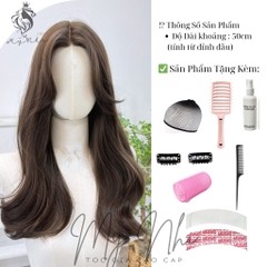 Siêu Da Đầu lưới chữ T Tóc Giả Mái Bay Xoăn Nhẹ Đuôi CC13 50cm