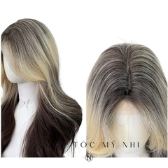 Tóc Giả Mỹ Nhi Xoăn Layer Mái Bay Màu Tóc Vàng Mơ Nhuộm Ombre x-dk1-0117 Da Đầu Dệt Kim