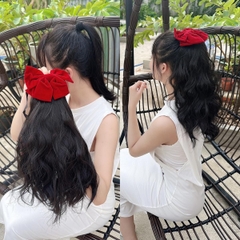 Tóc Giả Nữ Buộc Xù Sóng Kèm Nơ Nhung Đỏ