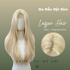 Tóc Giả Mỹ Nhi Tóc Thẳng Layer Hai Mái Dài Màu Tóc Vàng Bạch Kim t-dk1-0308 Da Đầu Dệt Kim (tóc màu vàng tẩy ivory)