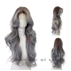 Tóc Giả 3D Bouncy Curl Tóc Xoăn Bung Layer Mái Bay Màu Tóc Balayage Xám Xanh x-3d-0201