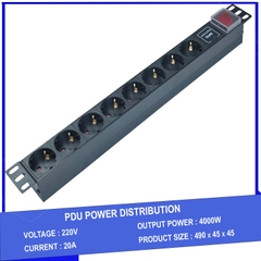 Ổ cắm điện - Thanh nguồn PDU 8 ổ cắm chuẩn Châu Âu có SPD chống sét gắn rack 19″