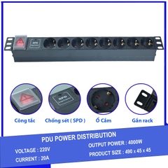 Ổ cắm điện - Thanh nguồn PDU 8 ổ cắm chuẩn Châu Âu có SPD chống sét gắn rack 19″