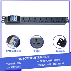 Ổ cắm điện - Thanh nguồn PDU 8 ổ cắm có APTOMAT MCB gắn rack 19″