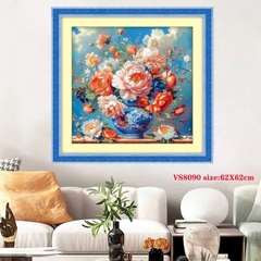 Tranh bình hoa mẫu đơn rực rỡ VS8090, kích thước 60x60 cm