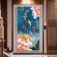 Tranh thêu kín cửu ngư quần hội DX1162, kích thước 70 x 120 cm