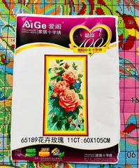 Tranh thêu kín Hoa hồng đỏ 65189, kích thước 65 x 108 cm