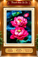 Tranh thêu kín Hoa sen đỏ VS8964, kích thước 50 x 67 cm