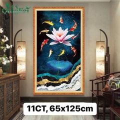 Tranh thêu kín Cửu ngư hoa sen EDB119, kt 125 x 65 cm