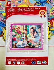 Tranh thêu kín bé gái và mèo con VS9109, Kích thước 50 x 65 cm