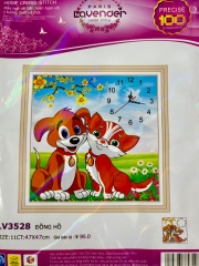 Tranh thêu đồng hồ Chó mèo LV3528, kích thước 47x 47 cm