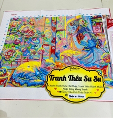 Tranh thêu kín bé gái và mèo con VS9109, Kích thước 50 x 65 cm