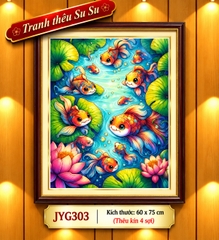 [4 sợi] Tranh thêu kín cá koi và hoa sen G303, kích thước 60 x 75 cm