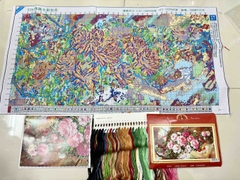Tranh thêu kín Hoa mẫu đơn E262, 100x55 cm, 11ct thêu 3 sợi
