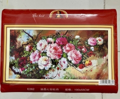 Tranh thêu kín Hoa mẫu đơn E262, 100x55 cm, 11ct thêu 3 sợi