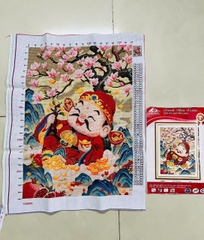 Tranh thành phẩm Thần tài, kích thước 50 x 67 cm, đã thêu thành phẩm