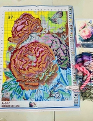 Tranh thêu kín Mẫu đơn hồng A632, kích thước 55 x 75 cm