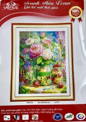 Tranh thêu kín con công hoa mẫu đơn VS9154, kích thước 63 x 81 cm