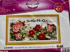Tranh thêu chữ thập Hoa khai phú quý LV3401, kích thước 100 x 50 cm, tranh 3D (không thêu kín)