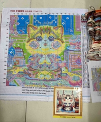 Tranh thêu kín chữ thập Mèo chiêu tài 7083, kích thước 50 x 50 cm