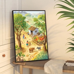 Tranh thêu kín Phong cảnh làng quê mùa gặt, kích thước 50 x 60 cm