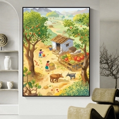 Tranh thêu kín Phong cảnh làng quê mùa gặt, kích thước 50 x 60 cm