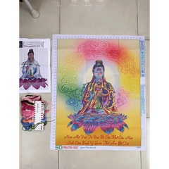 Tranh thêu chữ thập Mẹ quan âm, kích thước 70 x 90 cm, thêu kín quan âm, nền không thêu