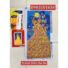 Tranh thêu kín đôi công vàng Phú quý E87, kích thước 50 x 90 cm