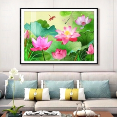 [Thêu 4 sợi] Tranh thêu kín chữ thập ao sen 64352, 9CT, kích thước 80 x 60 cm