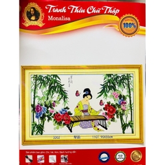 Tranh thêu chữ thập nàng tiên gãy đàn 3032, nền trắng không thêu, kích thước 90 x 50 cm