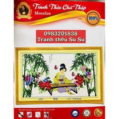 Tranh thêu chữ thập nàng tiên gãy đàn 3032, nền trắng không thêu, kích thước 90 x 50 cm