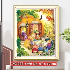 Tranh thêu kín chữ thập Thỏ mở tiệc, các loại thỏ dễ cưng