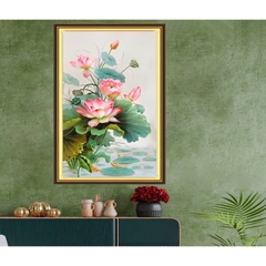 [Thêu kín] Tranh thêu chữ thập Hoa sen E208, kích thước 65 x 120 cm