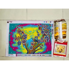 Tranh thêu kín chữ thập Hoa mai vàng và chim 82266, kích thước 80 x 60 cm