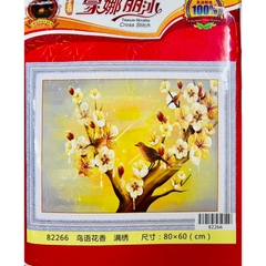 Tranh thêu kín chữ thập Hoa mai vàng và chim 82266, kích thước 80 x 60 cm