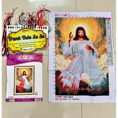 Tranh thêu chữ thập Lòng chúa thương xót, kích thước 43 x 59 cm