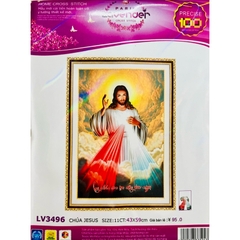 Tranh thêu chữ thập Lòng chúa thương xót, kích thước 43 x 59 cm