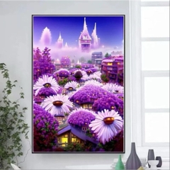 Tranh thêu kín lâu đài mây tím J8011, kích thước  60 X 80 CM