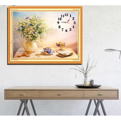 [Thêu kín] Tranh thêu chữ thập đồng hồ hoa cúc E219, kích thước 60 x 80 cm
