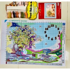 [Thêu kín] Tranh thêu chữ thập đồng hồ hoa cúc E219, kích thước 60 x 80 cm
