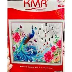 [Hàng mới] Tranh thêu kín đồng hồ chim công KM040, Kích thước 50x60cm