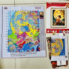 Tranh thêu kín Cô gái cùng thỏ ngắm trăng VS8137, kích thước 40x50cm, 11ct