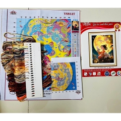 Tranh thêu kín Cô gái cùng thỏ ngắm trăng VS8137, kích thước 40x50cm, 11ct
