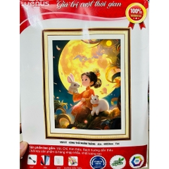 Tranh thêu kín Cô gái cùng thỏ ngắm trăng VS8137, kích thước 40x50cm, 11ct