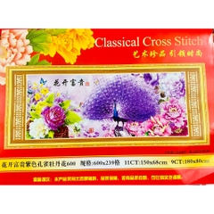 Tranh thêu kín Đôi công hạnh phúc (công tím) HH0843, kích thước 150 x 68 cm