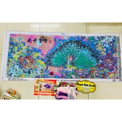 Tranh thêu kín Đôi công hạnh phúc (công tím) HH0843, kích thước 150 x 68 cm