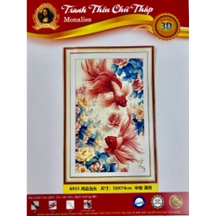 Tranh thêu kín Song ngư mẫu đơn (2 con cá), kích thước 50 x 90 cm