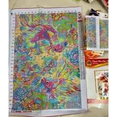 Tranh thêu kín Song ngư mẫu đơn (2 con cá), kích thước 50 x 90 cm