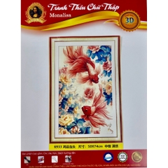 Tranh thêu kín Song ngư mẫu đơn (2 con cá), kích thước 50 x 90 cm